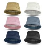 A collection of Madura Corduroy Bucket Hats in beige, white, pink, blue, navy, and black, featuring a subtle logo.