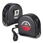 A black tape measure featuring a silver clip and a logo, with a textured grip and a lanyard.