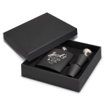 A black hip flask gift set with two metal pourers, presented in a matching black box. It features branding.