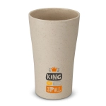 A drink tumbler in a speckled beige colour with a logo. Suitable for use as drinkware.