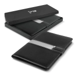 A black portfolio with a sleek design, displayed inside a black packaging box, featuring a logo.