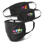 Three black reusable 3-ply cotton face masks featuring colourful logos, arranged with one mask in front.