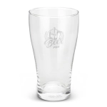 A clear glass schooner beer glass with an etched design and a branded logo at the top.