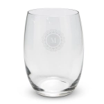 A clear, stemless glass featuring an engraved logo at the centre. Ideal for various beverages.