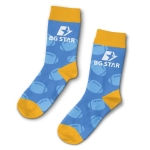 Bright blue crew socks with yellow accents and a logo. Features a pattern of balls in circular shapes.