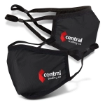 Two black reusable cotton face masks with adjustable ear loops, featuring a logo.