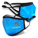 Reusable face masks in blue with a black trim, featuring a logo on the front.