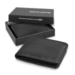 A black leather wallet in an open position, placed inside a black box. The wallet features a branding logo.