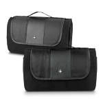 A black picnic blanket with a foldable design and a leather-like flap, featuring a logo on the front.