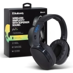 Wireless over-ear headphones in black, with a featured logo, displayed alongside their packaging.