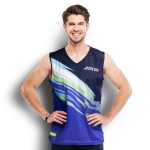 A men's performance singlet in navy blue with a multicoloured abstract design and a logo on the chest.