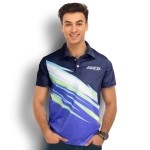 A blue and yellow custom men's sports polo shirt featuring a logo, designed with a dynamic graphic pattern.