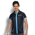 A black performance polo shirt with light blue accents and a logo on the front, worn by a smiling male model.