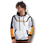 A men's sports hoodie featuring a white and orange design with a logo on the front and black accents.