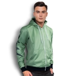 A mens sports zipped hoodie in light green, featuring a front pocket and a logo on the sleeve.