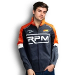 A man is wearing a custom men's premium softshell jacket in grey and orange, featuring a logo on the front.