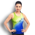 A women's sports singlet in green and blue, featuring a branding logo and a stylish design.