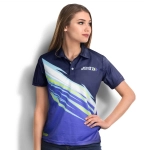 A women's sports polo in navy blue with a dynamic multicoloured design and a logo on the chest.