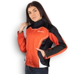 A women's sports jacket in orange and black, featuring a logo and a zip-up front.