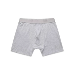 A pair of grey trunks with a soft waistband and a simple design. Features a logo on the waistband.