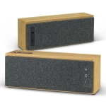 A bamboo Bluetooth speaker with a grey fabric front, featuring buttons and a branding logo on the side.