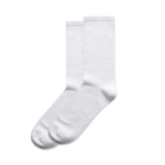 A pair of white business socks displayed together, featuring a smooth texture. The socks have a logo.