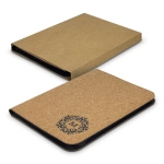 A cork portfolio in natural brown with a decorative black logo, featuring a slim design for A4 documents.