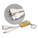A bamboo charging cable key ring in rectangular shape, featuring multiple connectors and a logo, primarily in white and wood tones.