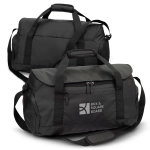 A black Aquinas 20L duffle bag featuring a shoulder strap and two handles, with a logo on one side.