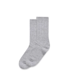 A pair of grey knit socks with ribbed texture, featuring a simple design and soft fabric.