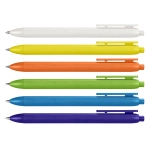 A selection of six pens in white, yellow, orange, green, blue, and purple, featuring a textured grip and clip.