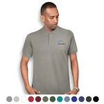 A man wearing a light grey polo shirt with a logo on the left chest. Various colour options are displayed below.