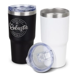 A drink bottle featuring a matte black and white powder-coated finish, includes a clear lid and branding.
