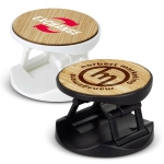 A bamboo phone holder in white and black, featuring branded tops and a sturdy grip design.