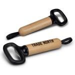 A drink bottle opener with a wooden handle and black metal end, featuring a logo on one side.