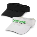 A black and a white sports mesh visor featuring a logo on the front.