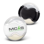 A pencil sharpener with an eraser, featuring a clear and black design, includes a logo on the casing.