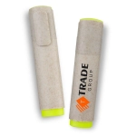 A set of two highlighters featuring a natural, textured body and bright yellow tips, each with a branding logo.