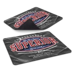 A mouse mat featuring a black textured surface with a prominent red and white logo and branding elements.