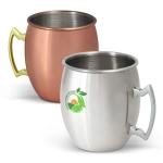 Two Cossack mule mugs, one in copper with a handle and one in stainless steel featuring a logo, both showcasing a sleek design.
