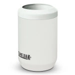 A drink bottle can cooler in white with a tapered design and a logo. Suitable for 350ml cans.