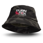 A camouflage bucket hat in dark green with a logo on the front.