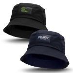 A black bucket hat featuring two different patches, one green and one blue, both with branding elements.