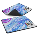 A mouse mat featuring a vibrant abstract design in blue, purple, and white, with a logo in the corner.