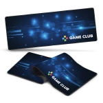 A gaming mat featuring a dark blue design with bright blue geometric patterns and a logo.