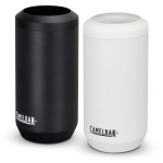 A drink bottle set featuring two CamelBak Horizon Can Cooler Mugs in black and white, both with a logo.
