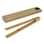 Bamboo serving tongs in a natural finish with a branded handle, presented beside a simple kraft packaging box.