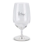 A clear wine glass with a curved bowl and a sturdy base, featuring a logo.
