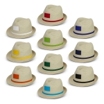A collection of ten beige fedora hats with various colourful bands in red, green, blue, yellow, orange, and black.