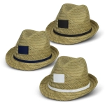 A set of three Santiago Fedora Hats in natural straw with black, navy, and white bands, featuring branding on each.